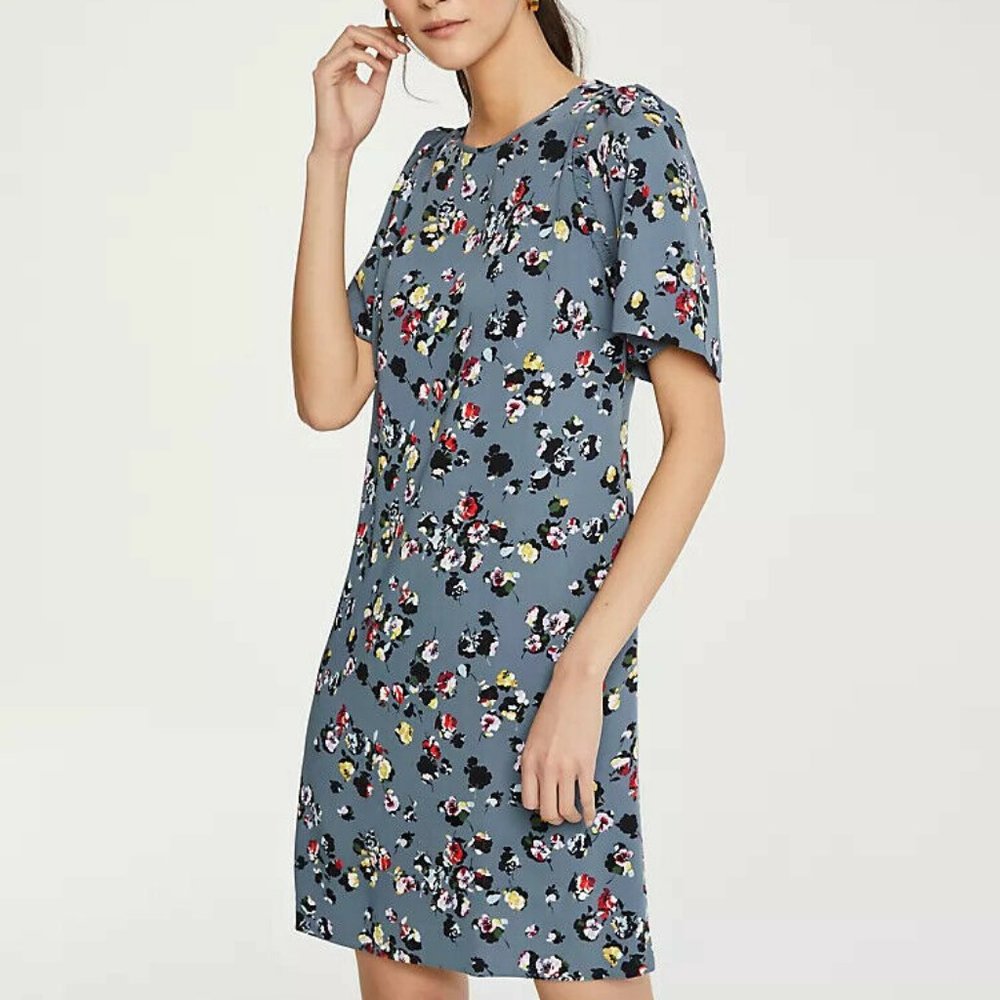 Ann Taylor - Slate Blue Winter Floral Shift Dress